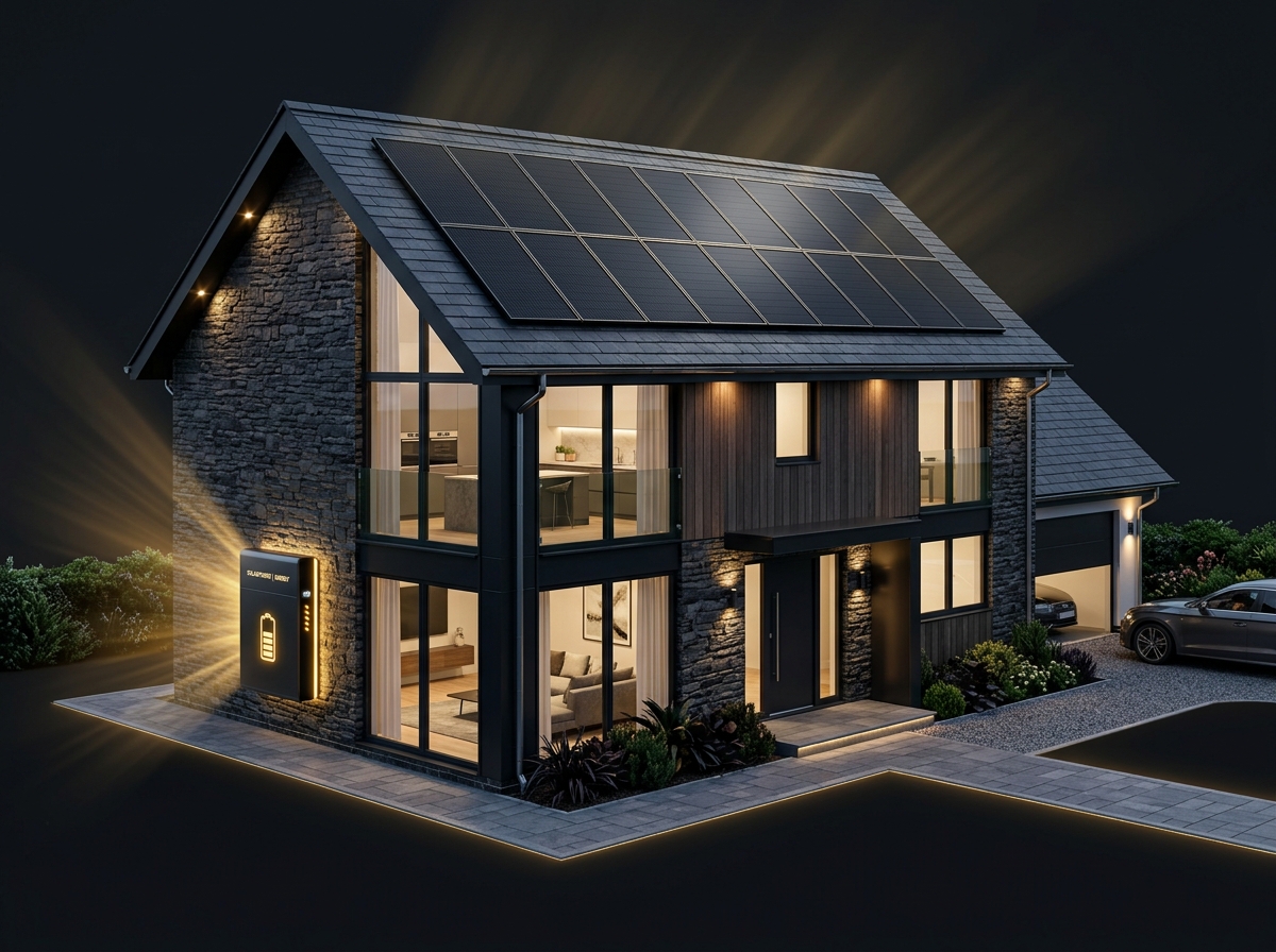 Modern British residential home with solar panels and illuminated battery in dark mode