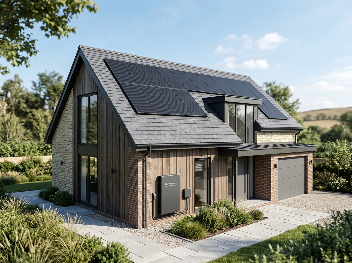 Modern British residential home with solar panels in day mode
